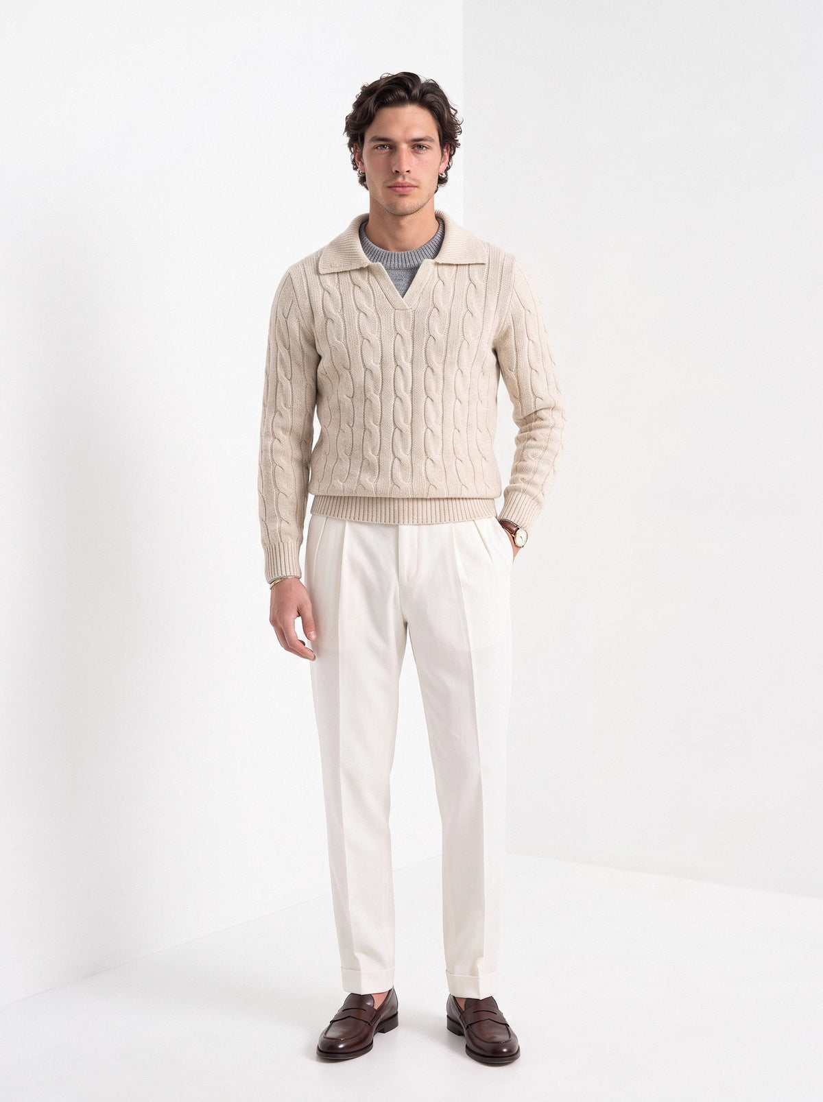 BLENIN men's layered collar cable sweater in beige, full-length front view