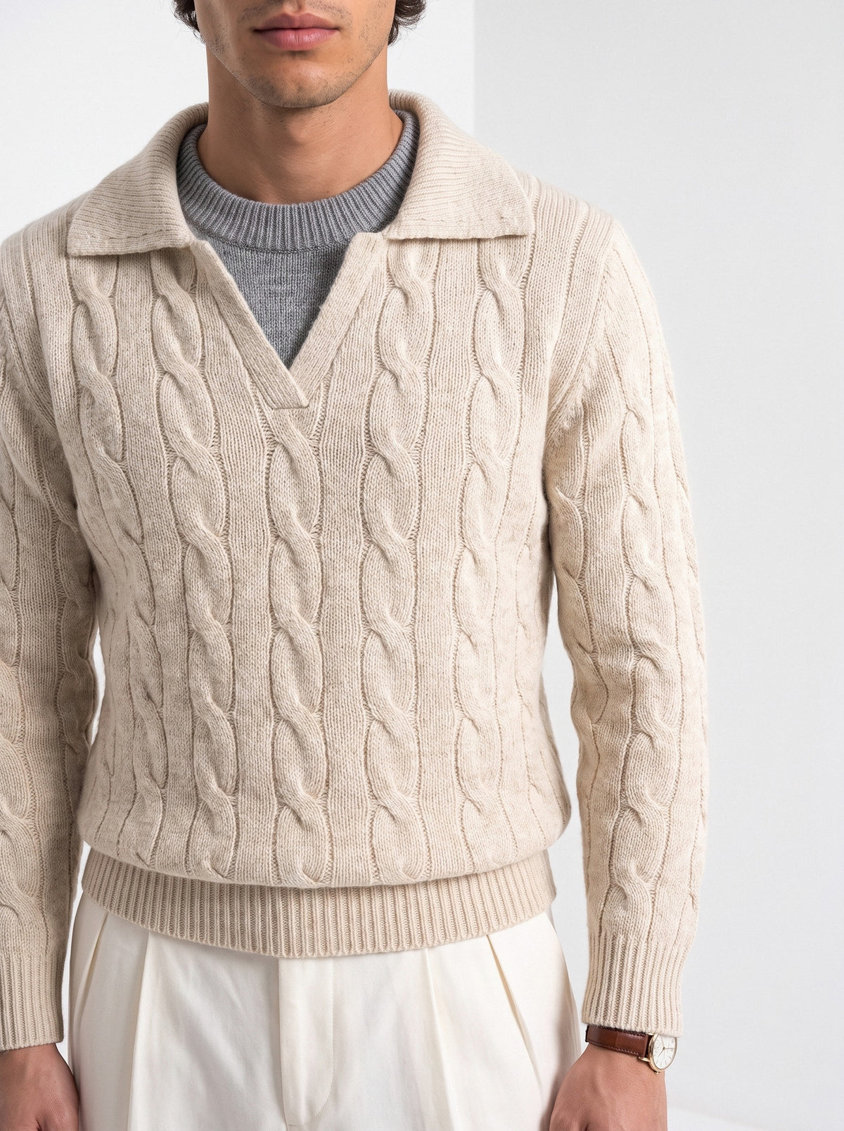 BLENIN men's layered collar cable sweater in beige, close-up of the details