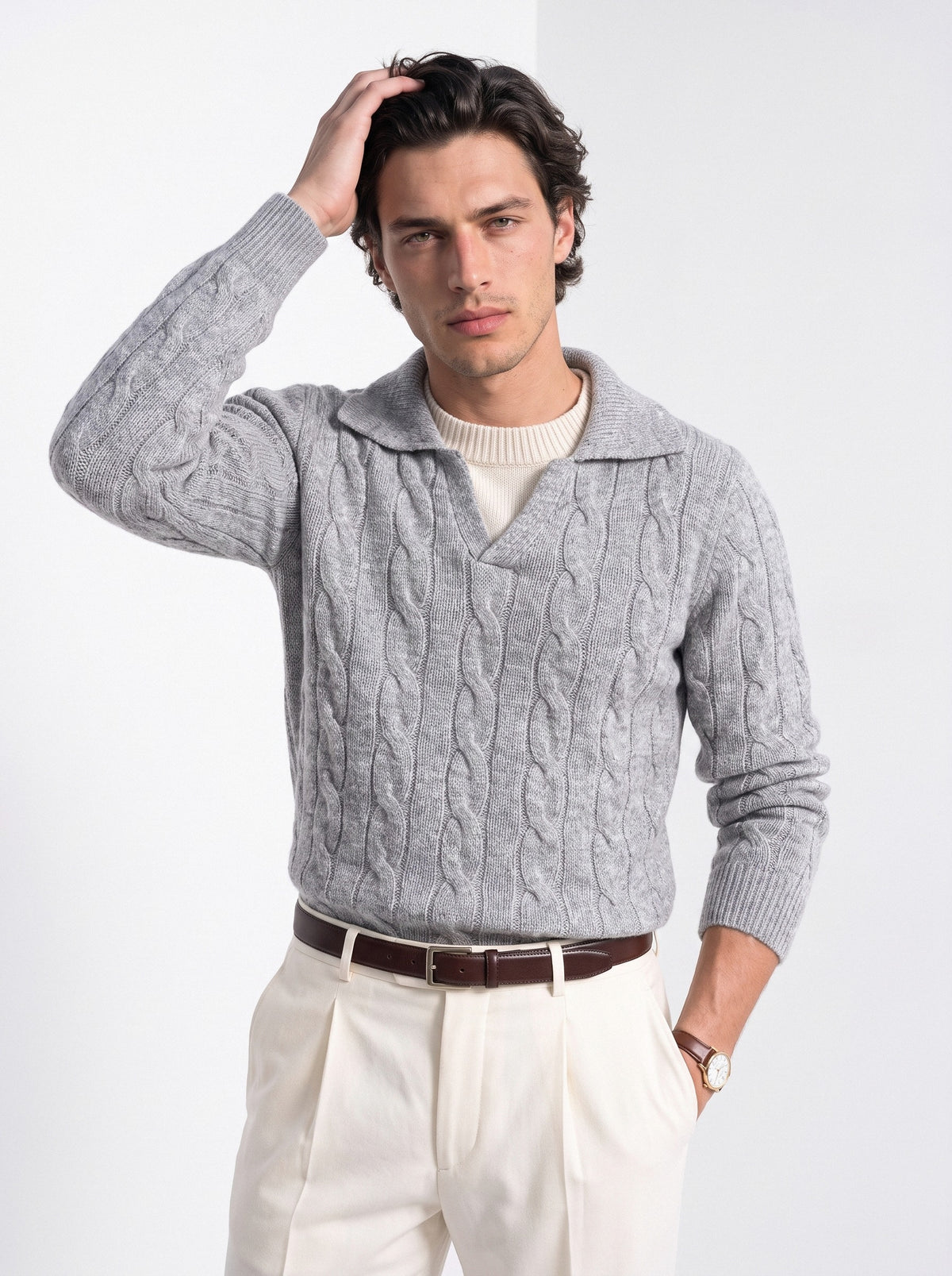 BLENIN men's layered collar cable sweater in light grey, front portrait
