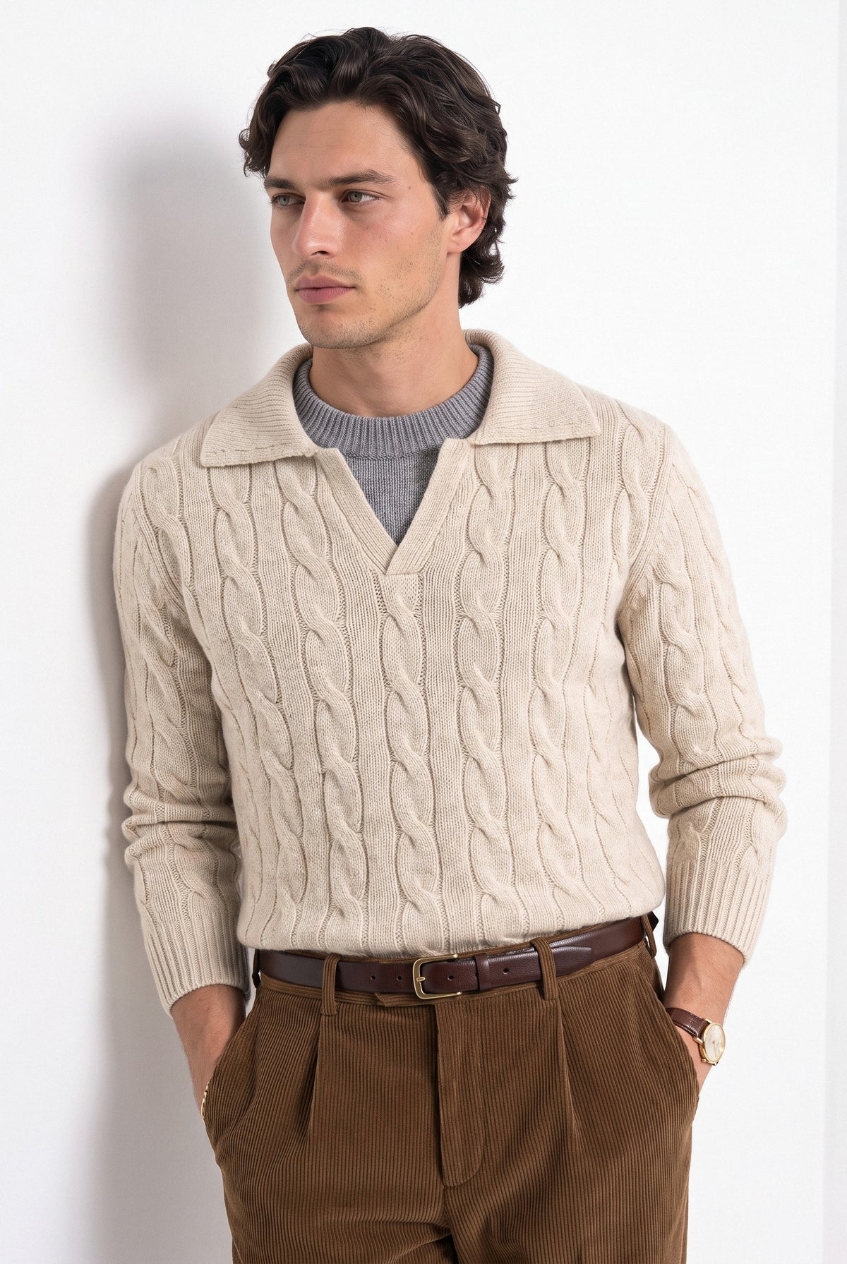 BLENIN men's layered collar cable sweater in beige, front portrait