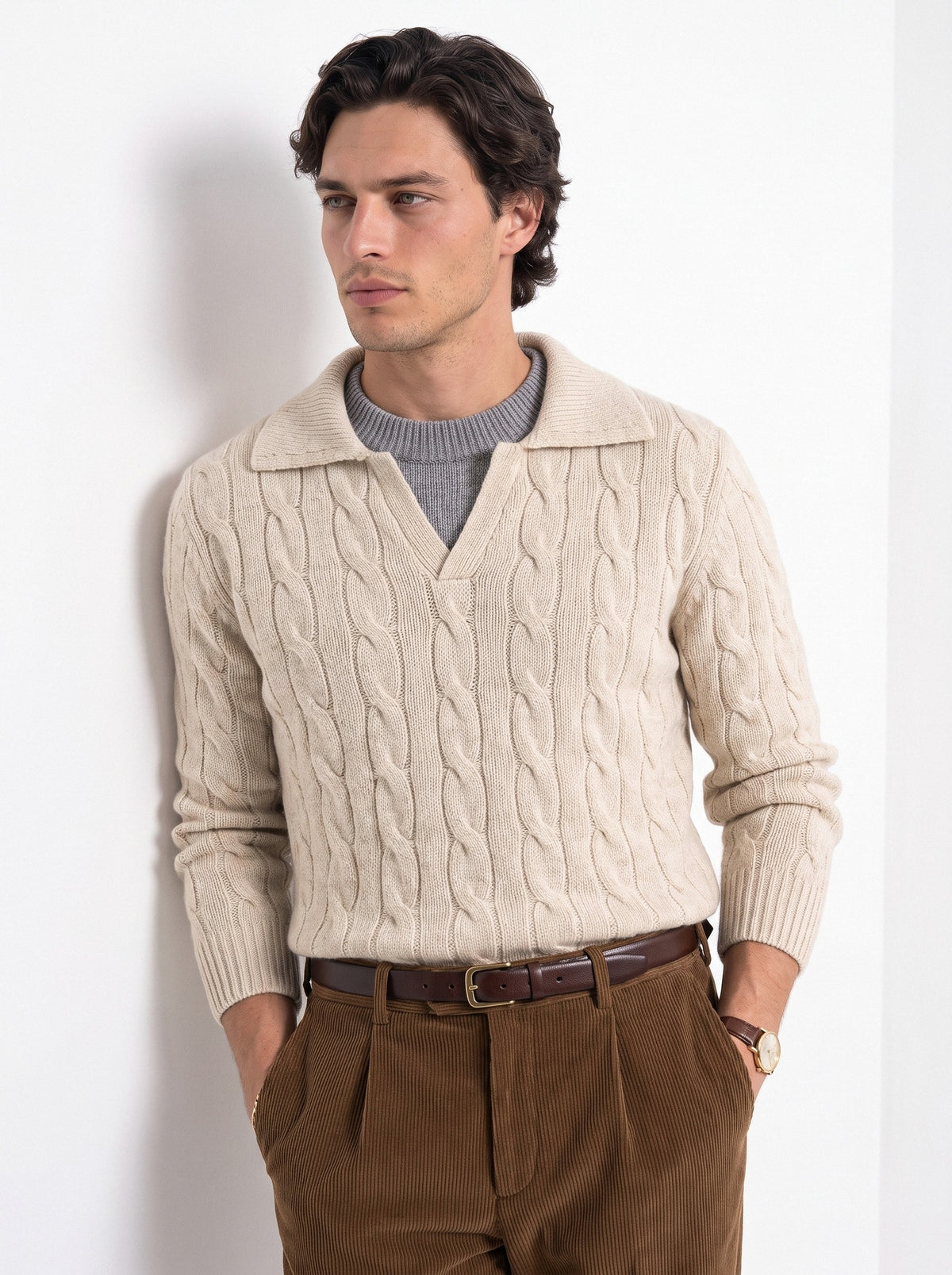 BLENIN men's layered collar cable sweater in beige, front portrait
