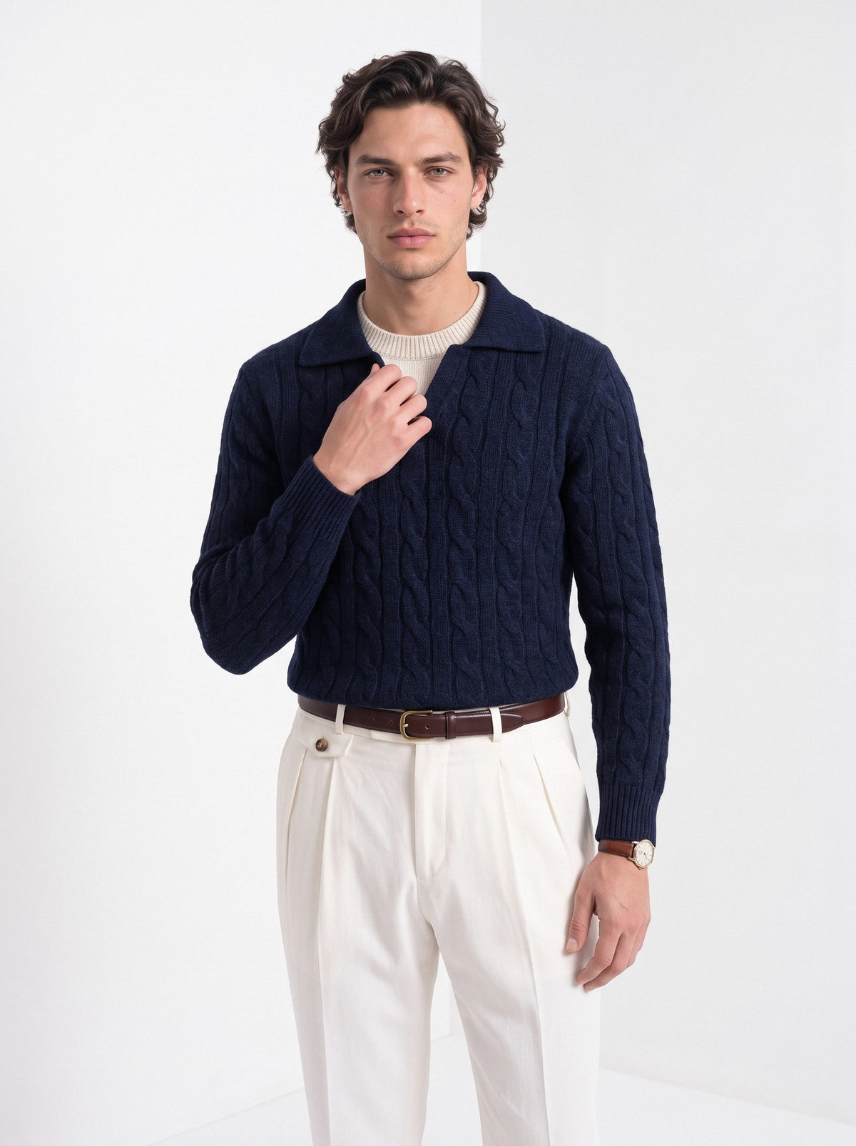 BLENIN men's layered collar cable sweater in navy, front portrait