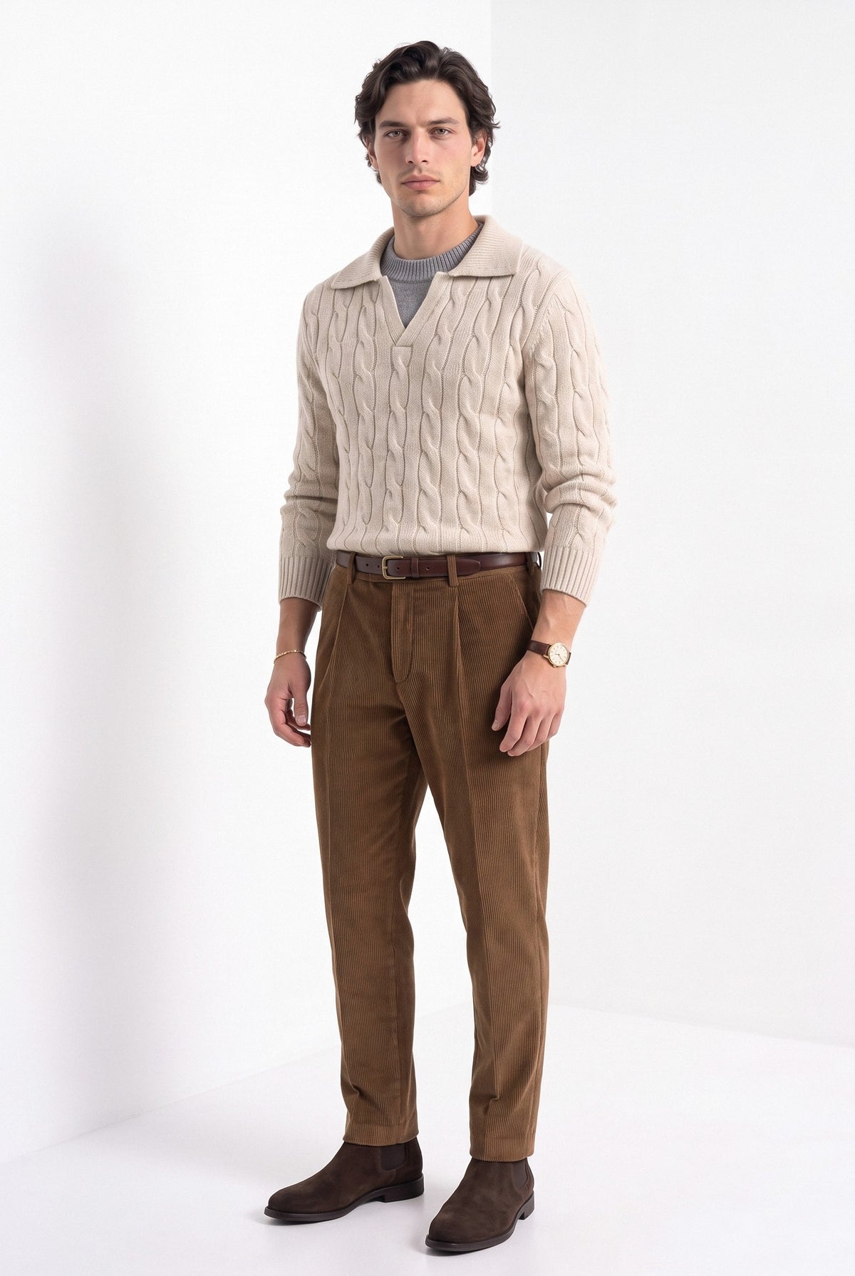 BLENIN men's layered collar cable sweater in beige, full-length look