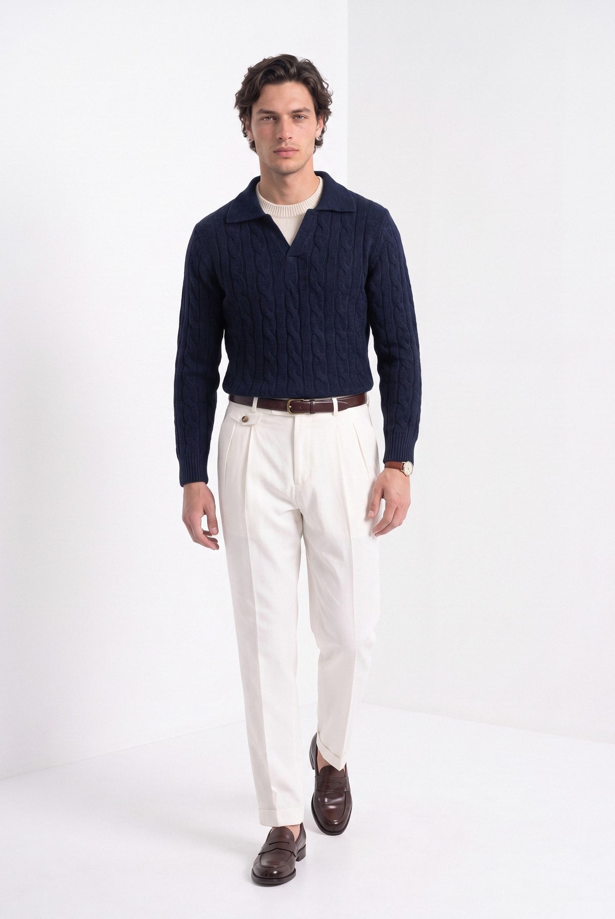 BLENIN men's layered collar cable sweater in navy, full-length look