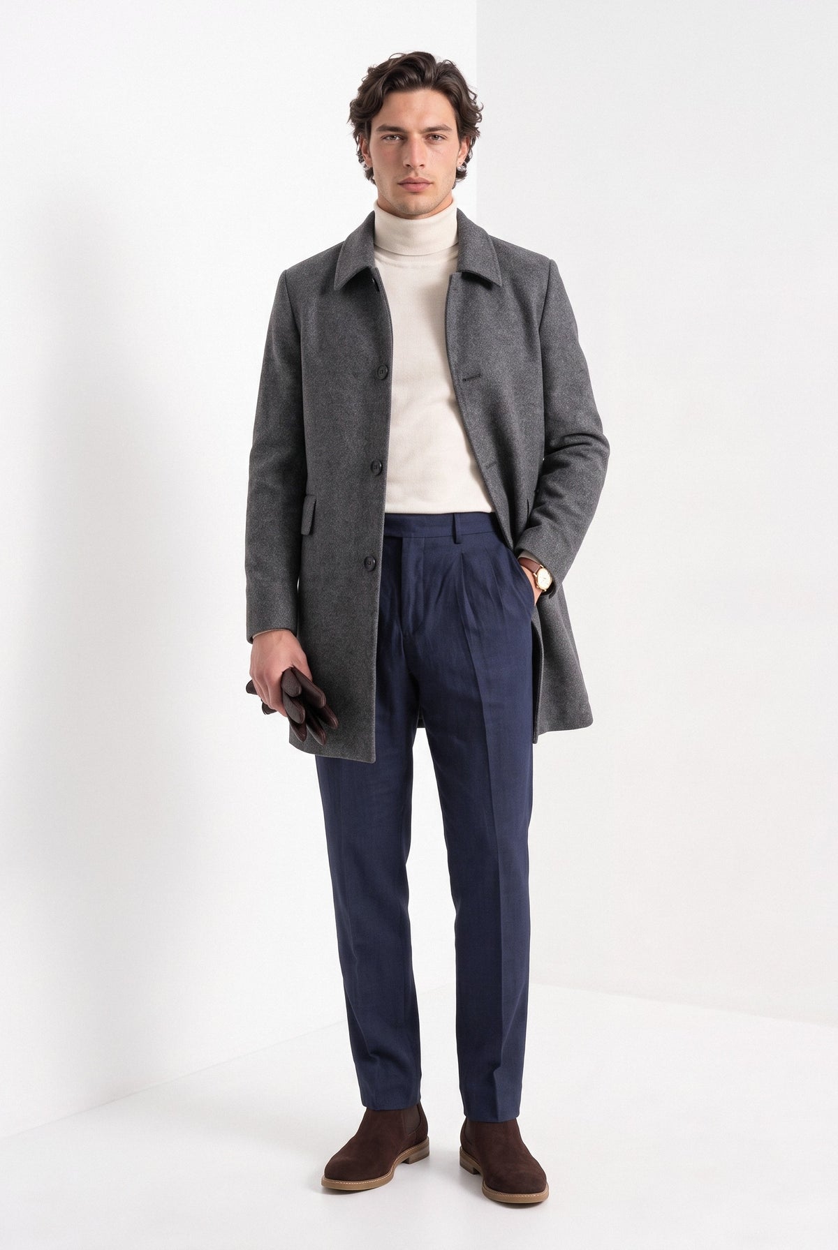BLENIN men's brushed car coat in dark grey, full-length look