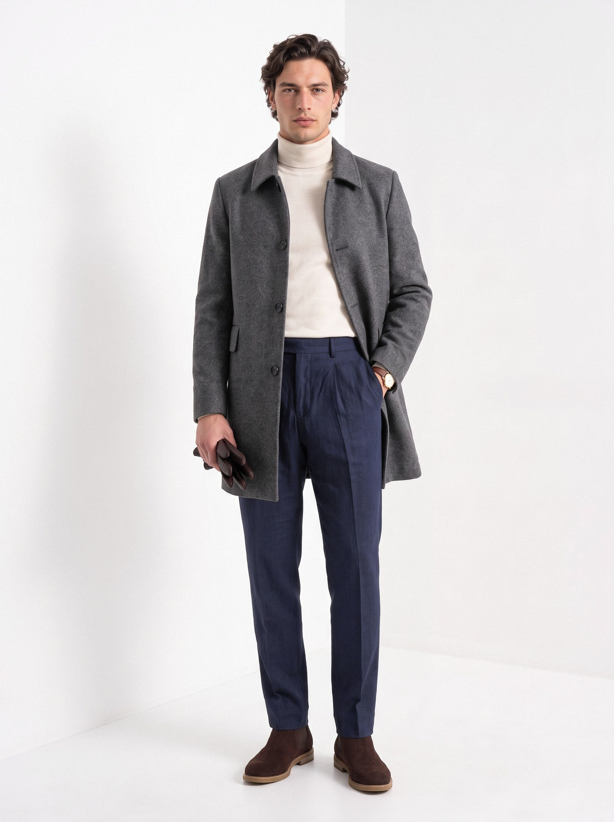 BLENIN men's brushed car coat in dark grey, full-length look