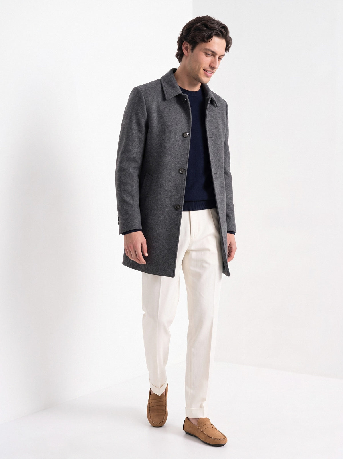 BLENIN men's brushed car coat in dark grey, full outfit, walking