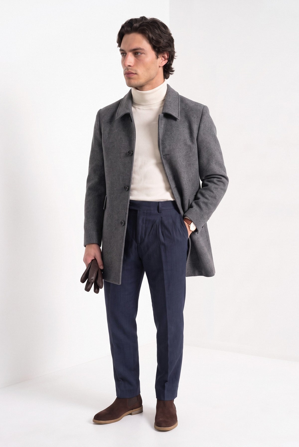 BLENIN men's brushed car coat in dark grey, three-quarter view