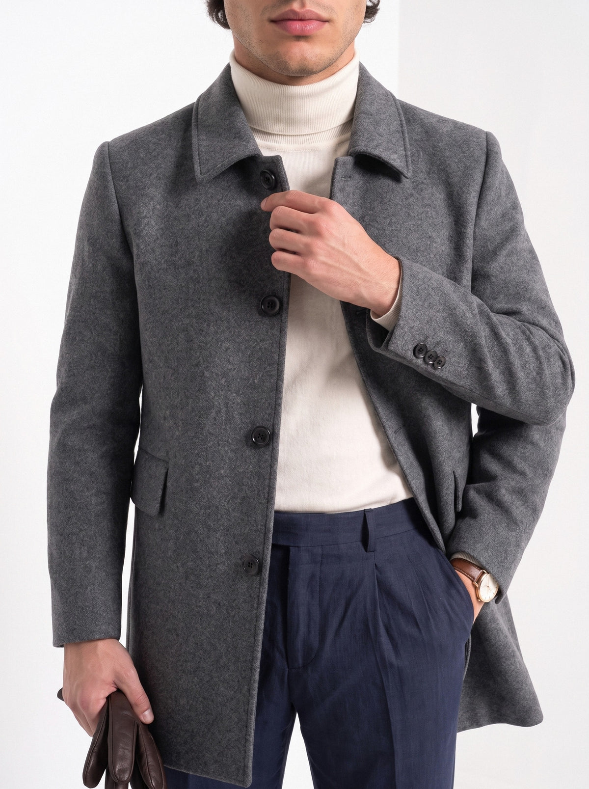 BLENIN men's brushed car coat in dark grey, close-up of the details