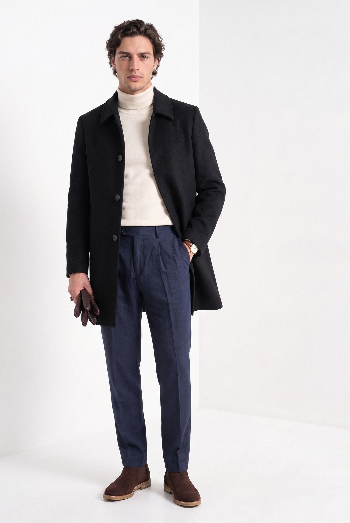 BLENIN men's brushed car coat in black, full-length look
