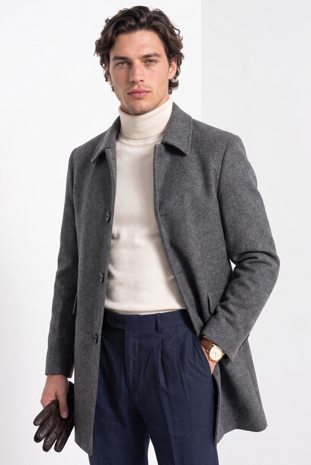 BLENIN men's brushed car coat in dark grey, front portrait