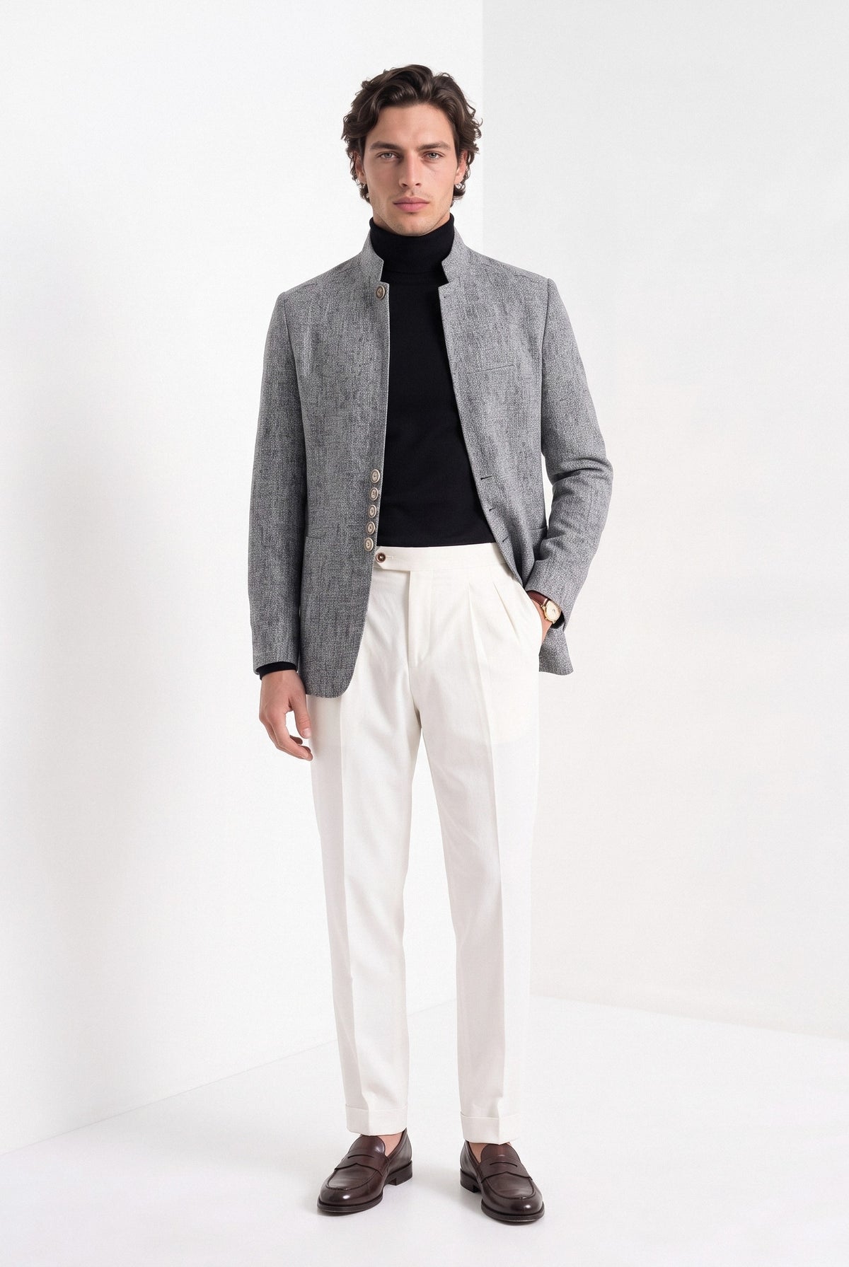 BLENIN men's stand collar tweed-look jacket in grey, full-length look