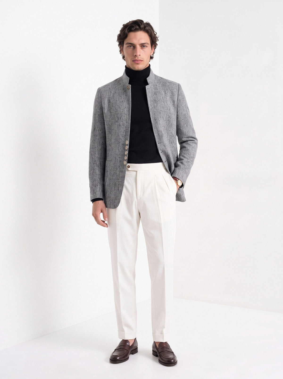 BLENIN men's stand collar tweed-look jacket in grey, full-length look