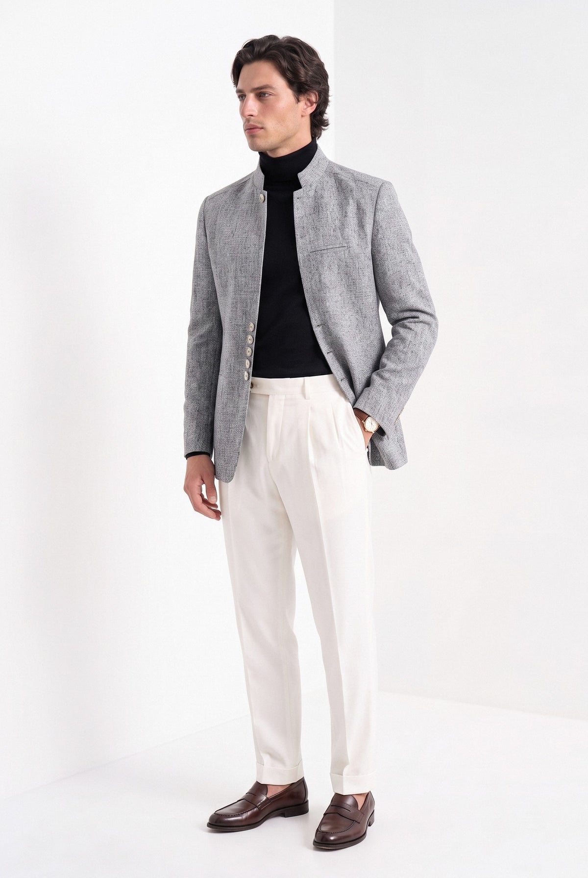BLENIN men's stand collar tweed-look jacket in grey, three-quarter view