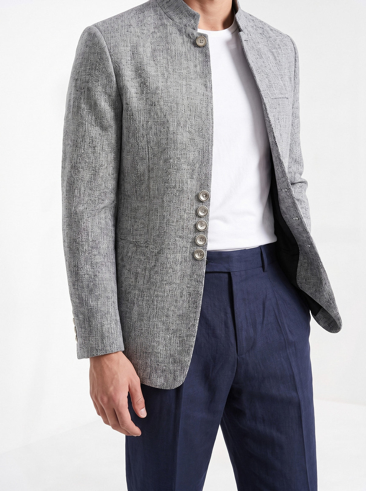 BLENIN men's stand collar tweed-look jacket in grey, fit detail