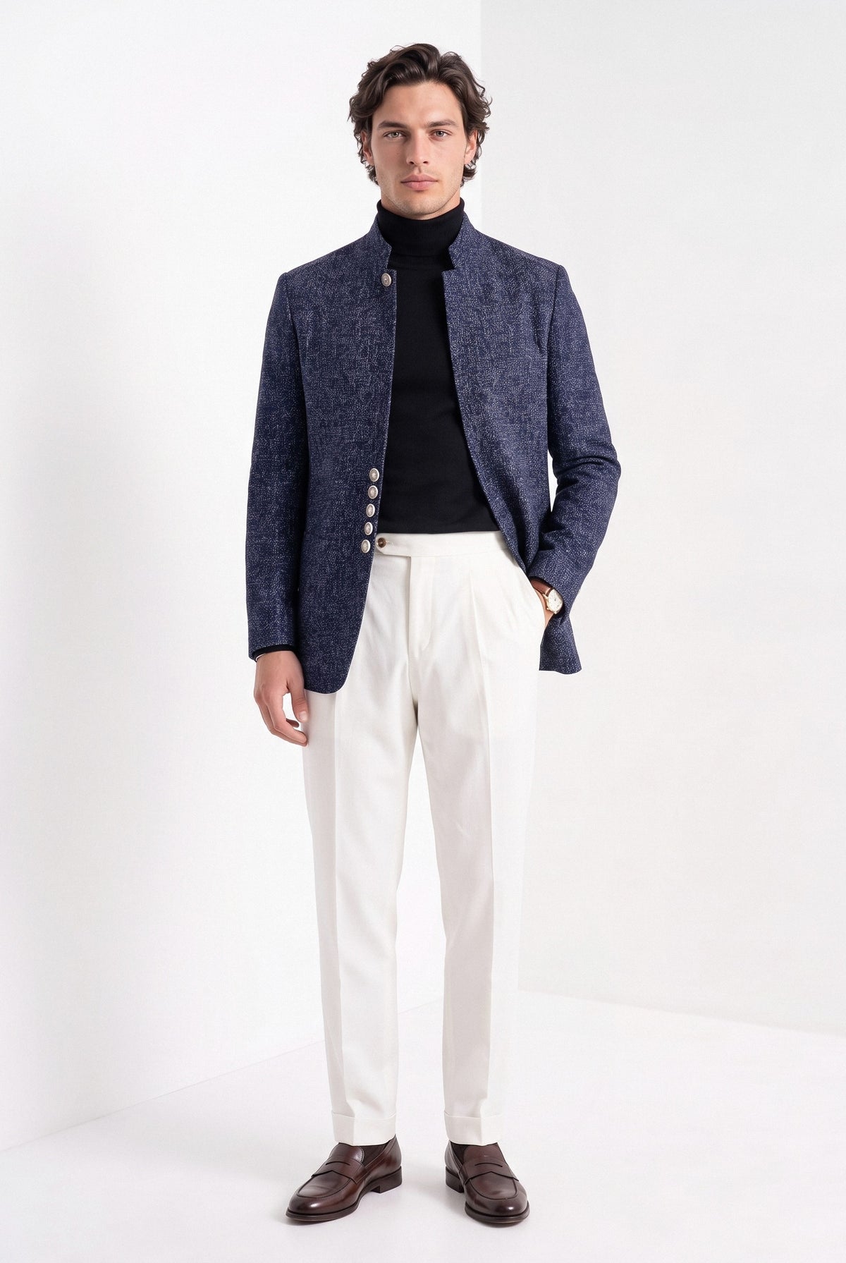 BLENIN men's stand collar tweed-look jacket in navy, full-length look