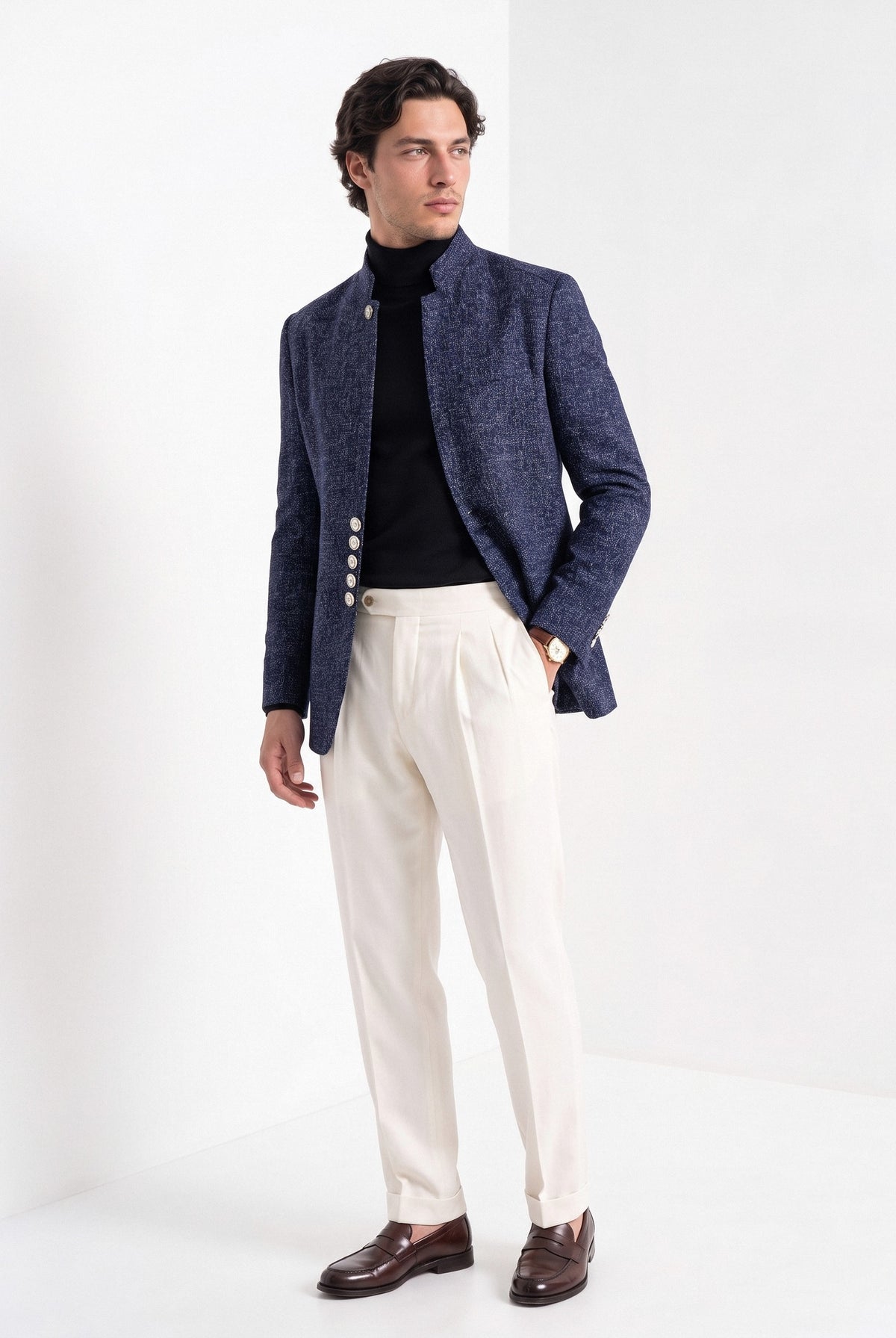 BLENIN men's stand collar tweed-look jacket in navy, three-quarter view