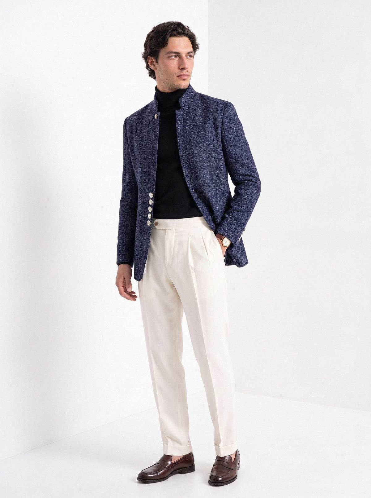 BLENIN men's stand collar tweed-look jacket in navy, three-quarter view