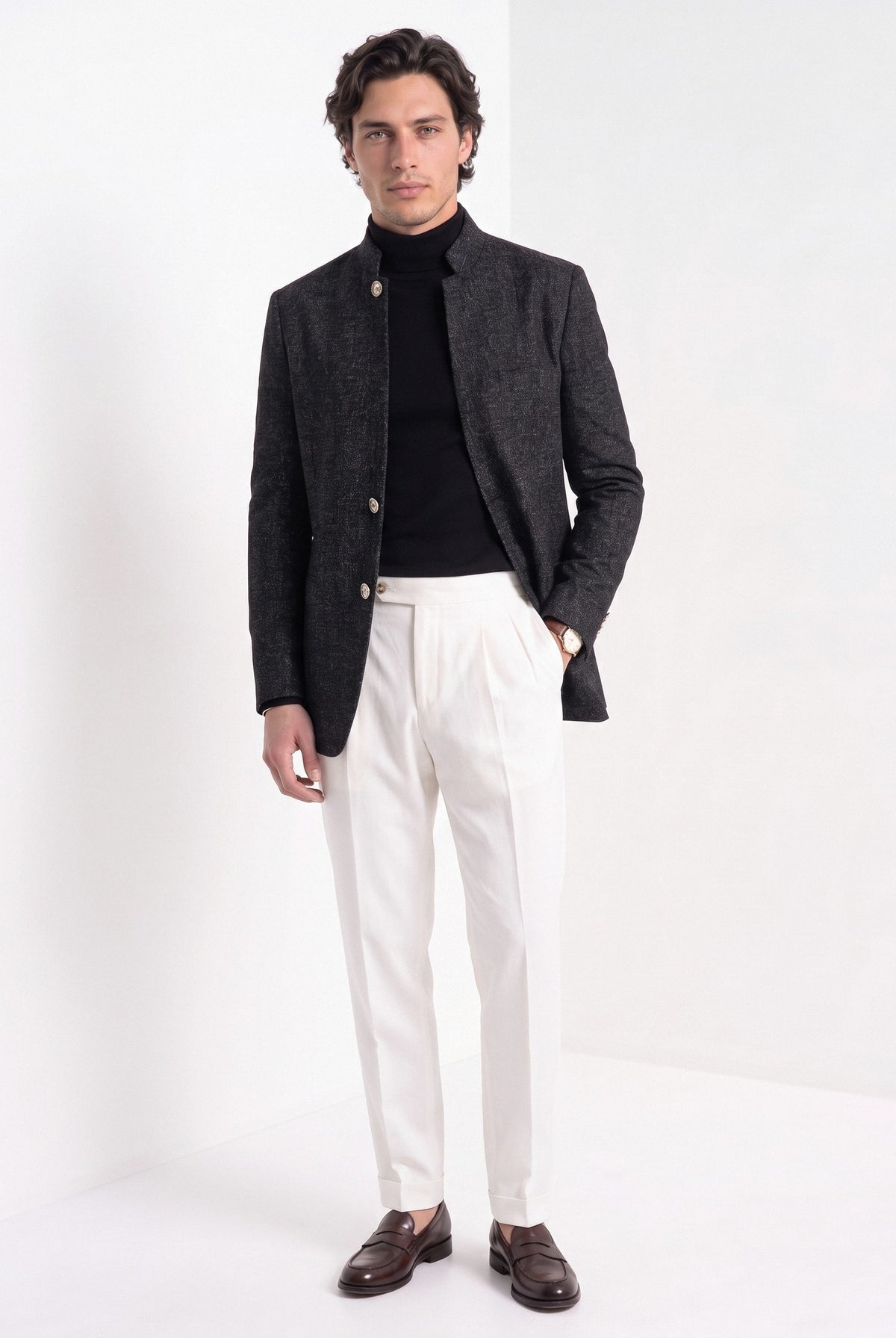 BLENIN men's stand collar tweed-look jacket in black, full-length look