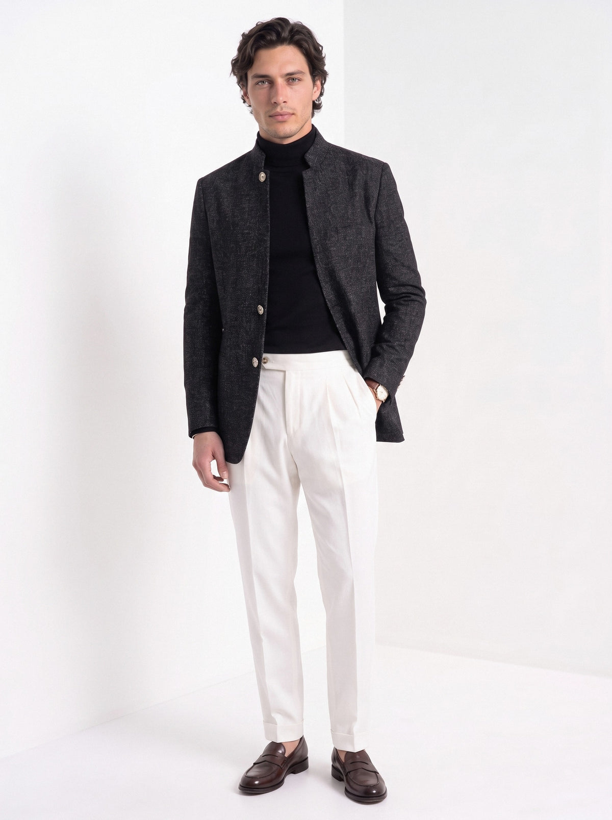 BLENIN men's stand collar tweed-look jacket in black, full-length look