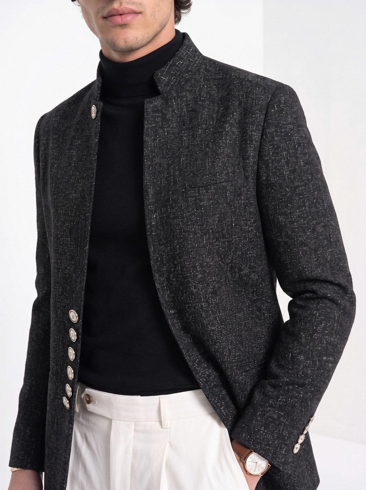 BLENIN men's stand collar tweed-look jacket in black, close-up of the details