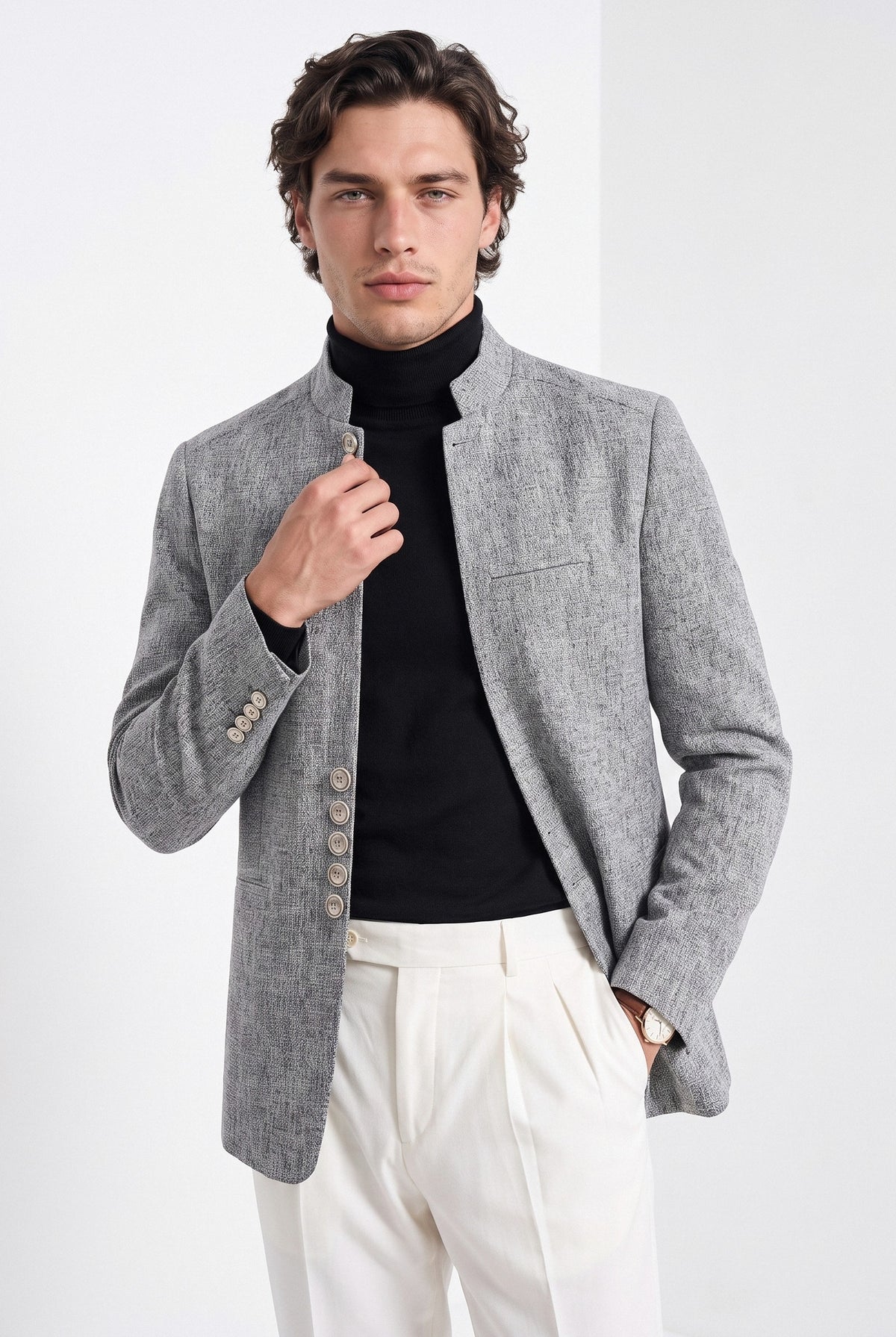 BLENIN men's stand collar tweed-look jacket in grey, front portrait