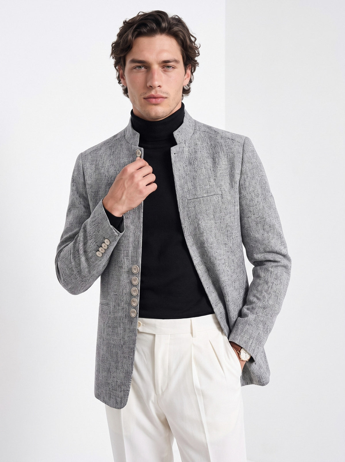 BLENIN men's stand collar tweed-look jacket in grey, front portrait