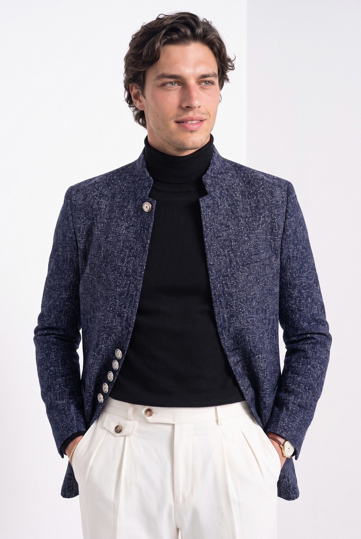 BLENIN men's stand collar tweed-look jacket in navy, front portrait