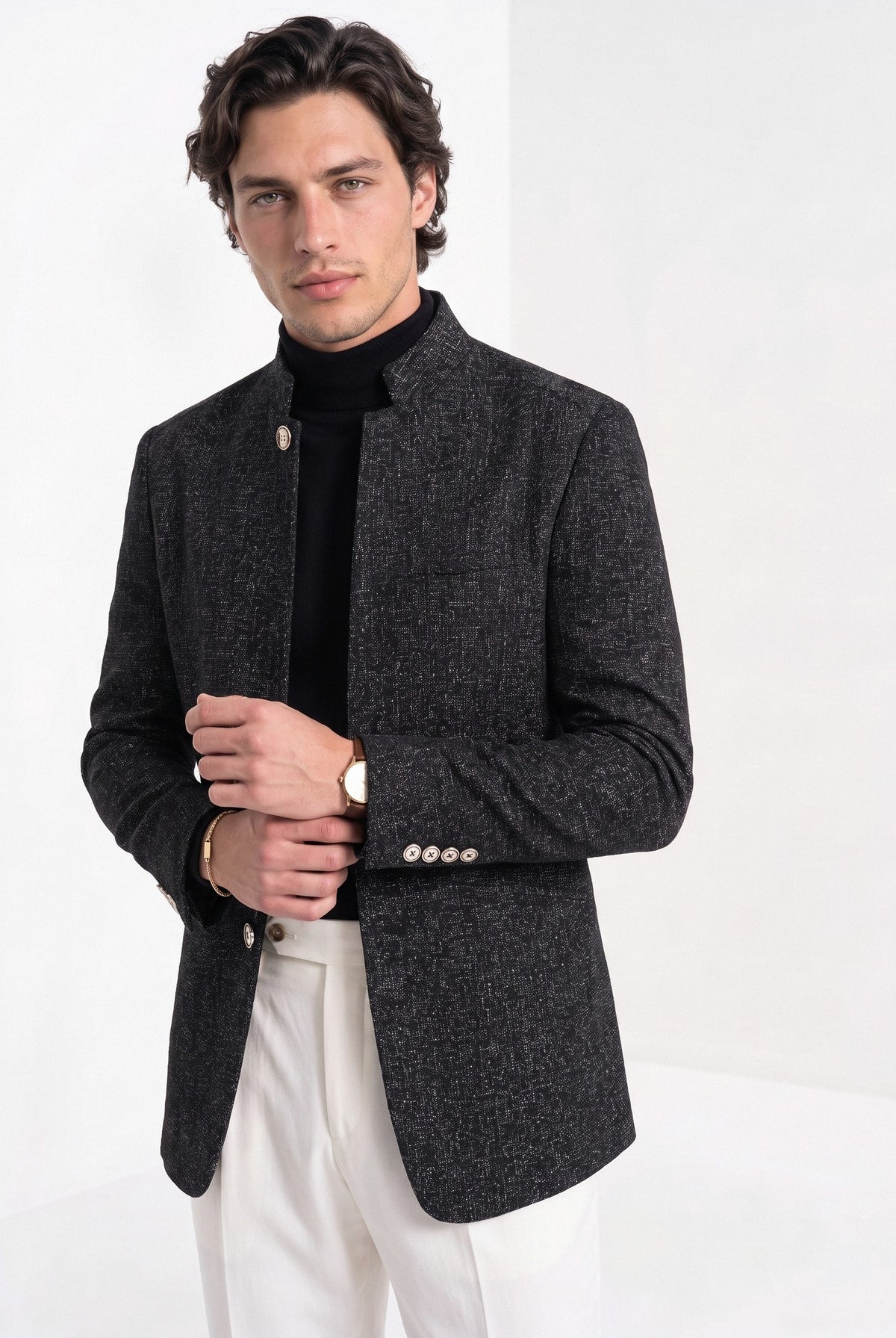 BLENIN men's stand collar tweed-look jacket in black, front portrait