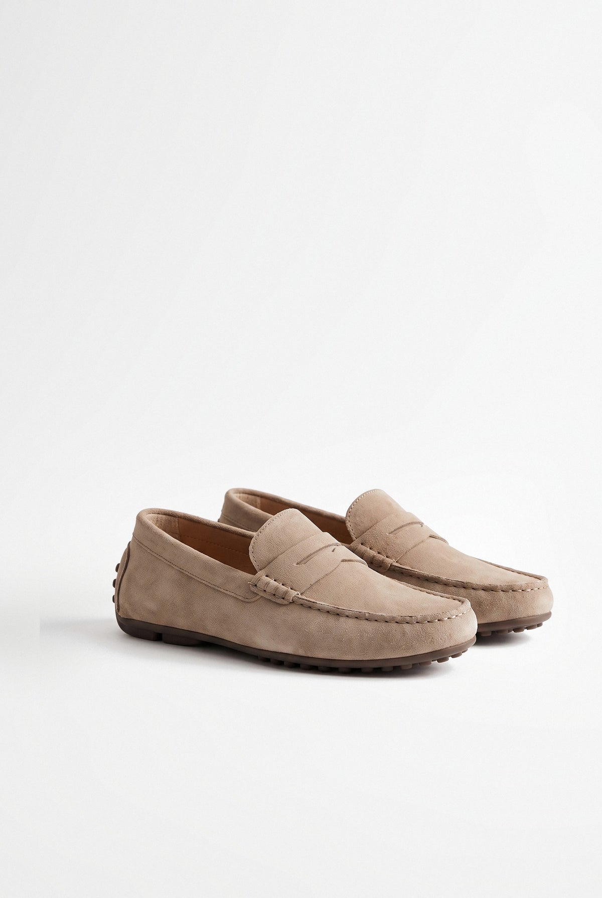 BLENIN men's suede-look driving loafers in sand, pair, three-quarter view