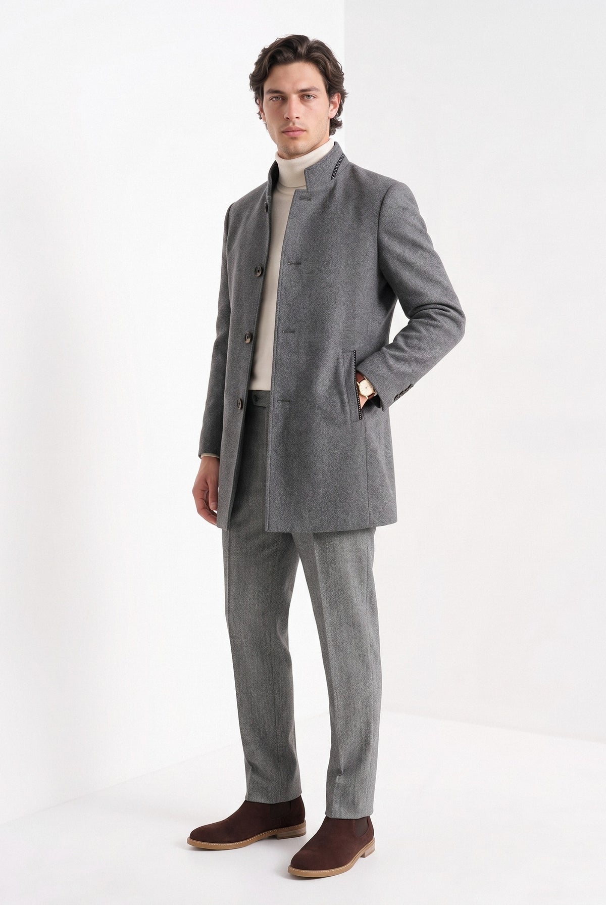 BLENIN men's stand collar wool blend coat in grey, full-length look