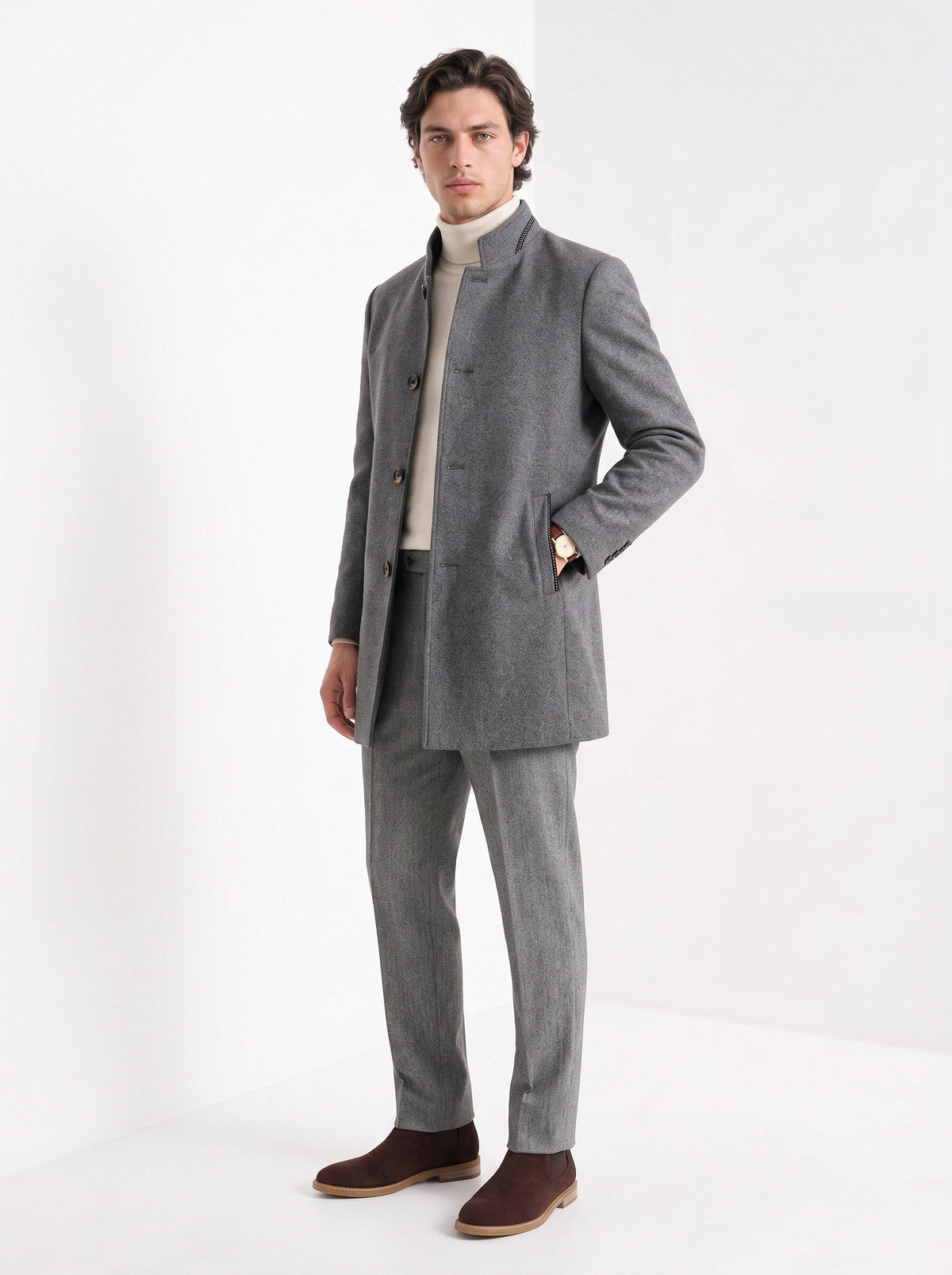 BLENIN men's stand collar wool blend coat in grey, full-length look