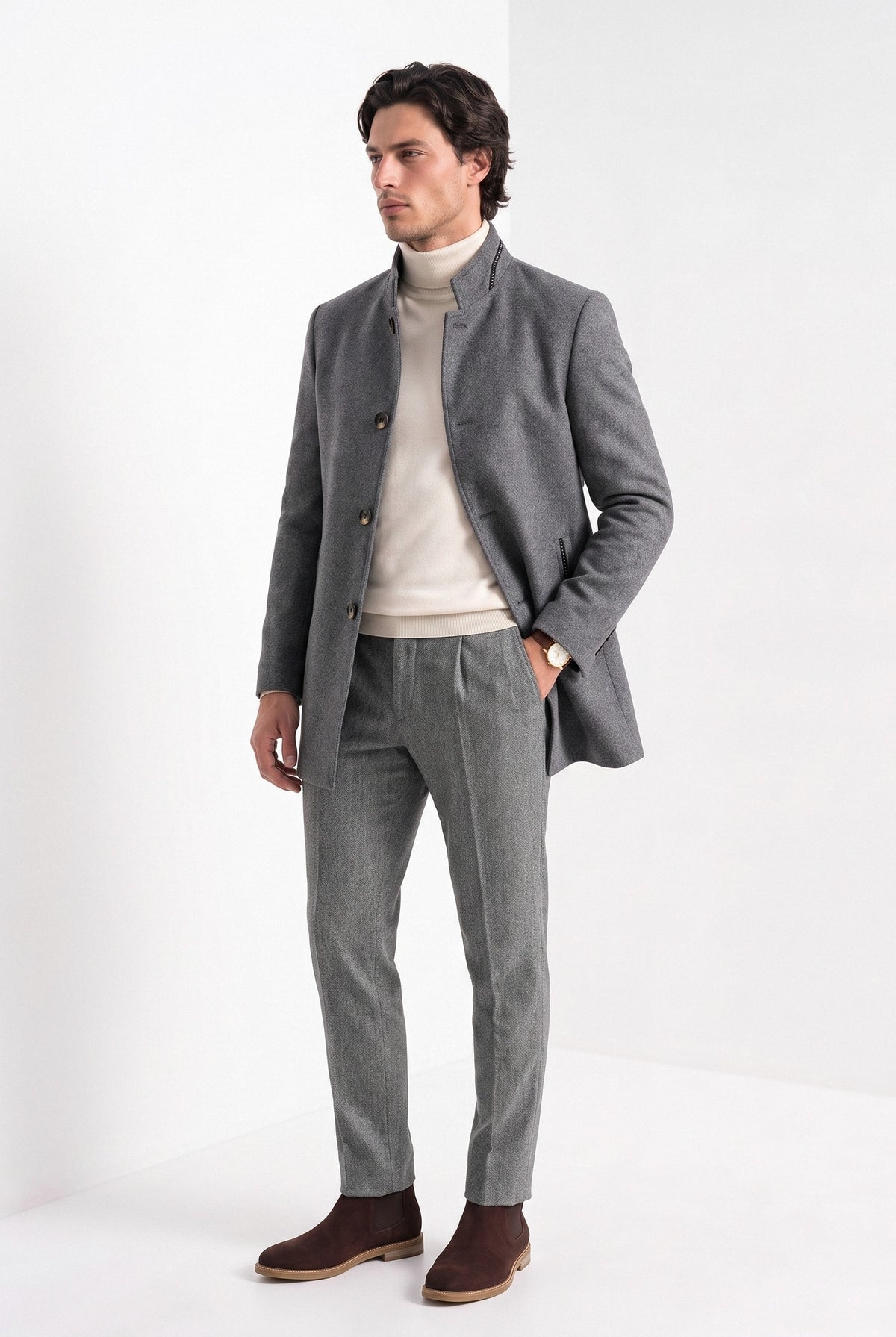 BLENIN men's stand collar wool blend coat in grey, three-quarter view