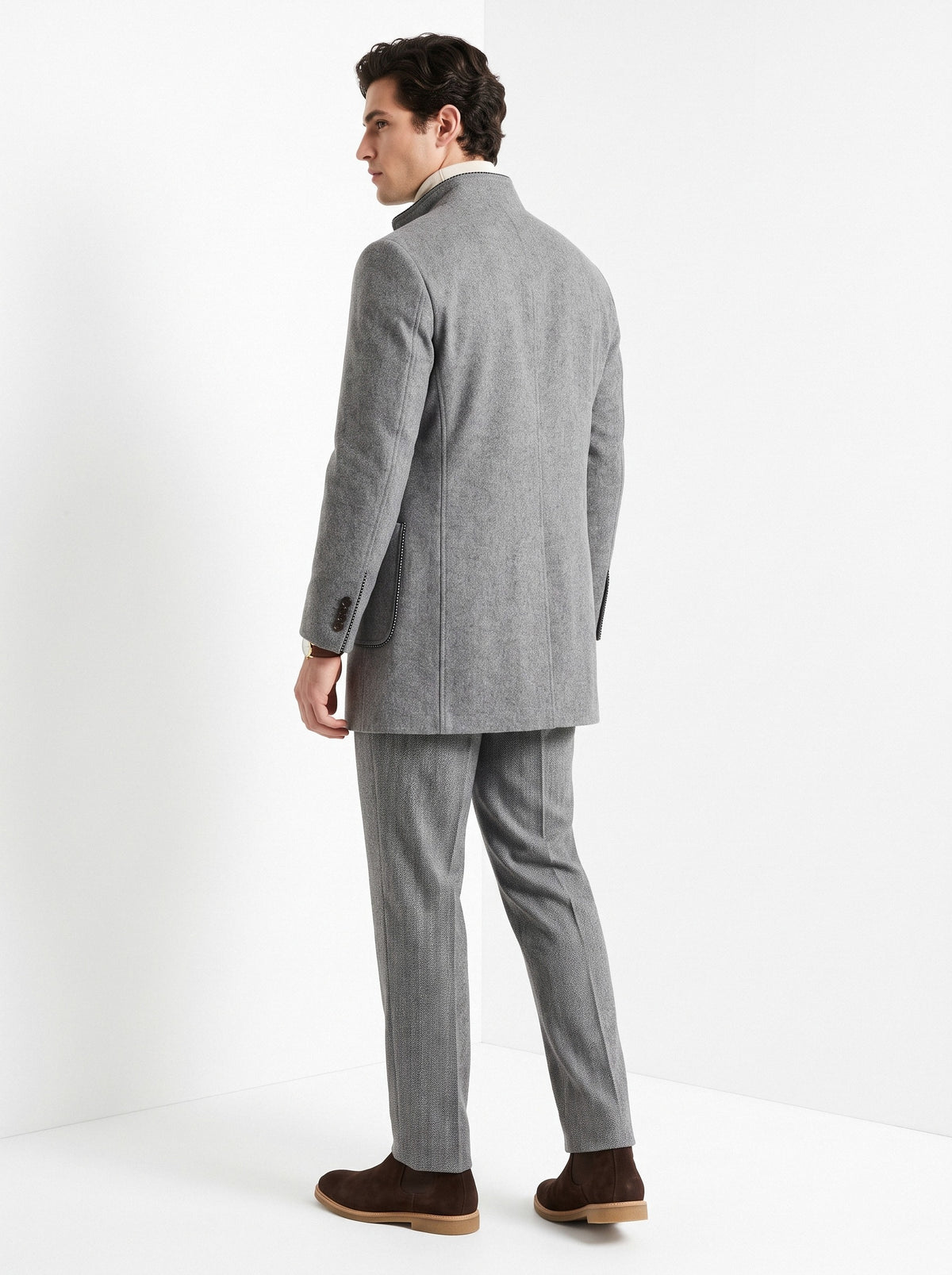 BLENIN men's stand collar wool blend coat in grey, back view