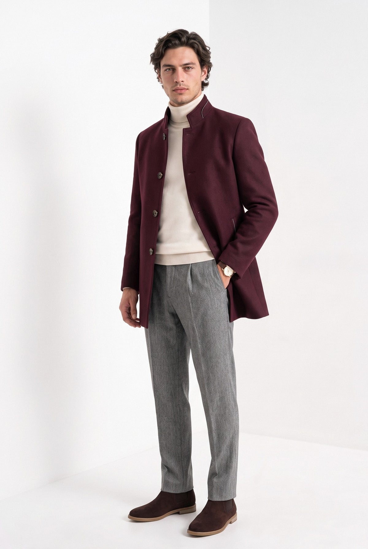 BLENIN men's stand collar wool blend coat in burgundy, full-length look