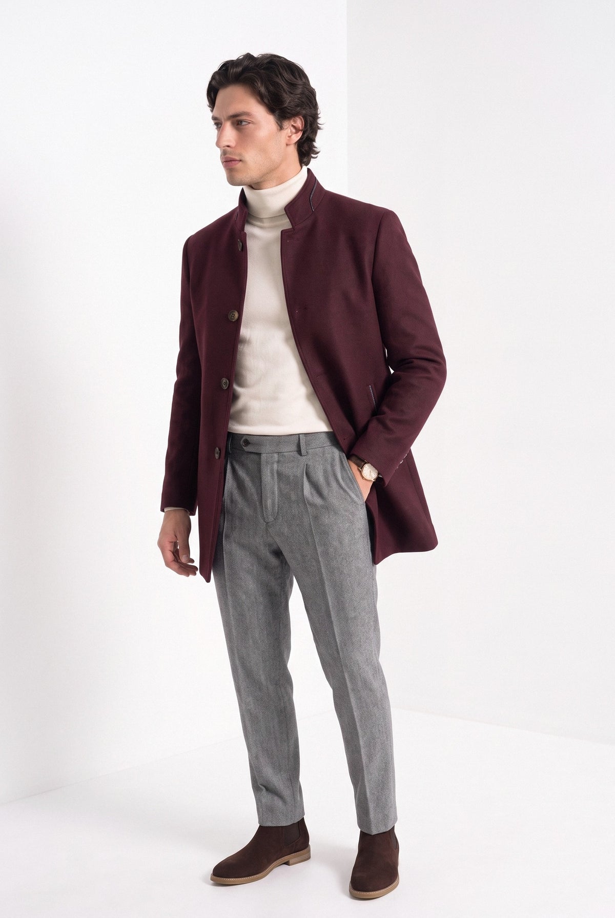 BLENIN men's stand collar wool blend coat in burgundy, three-quarter view