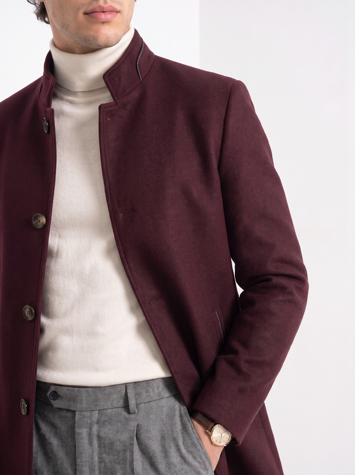BLENIN men's stand collar wool blend coat in burgundy, close-up of the details