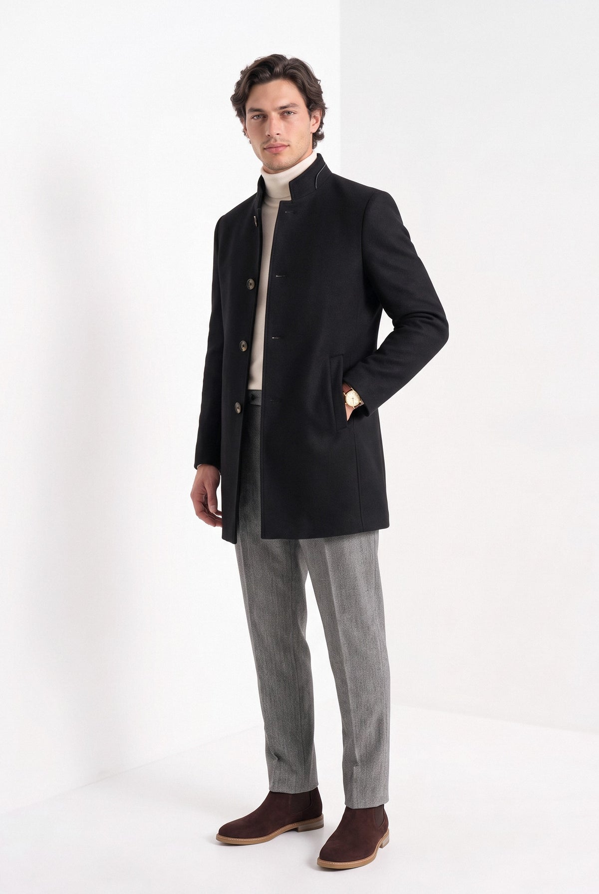 BLENIN men's stand collar wool blend coat in black, full-length look