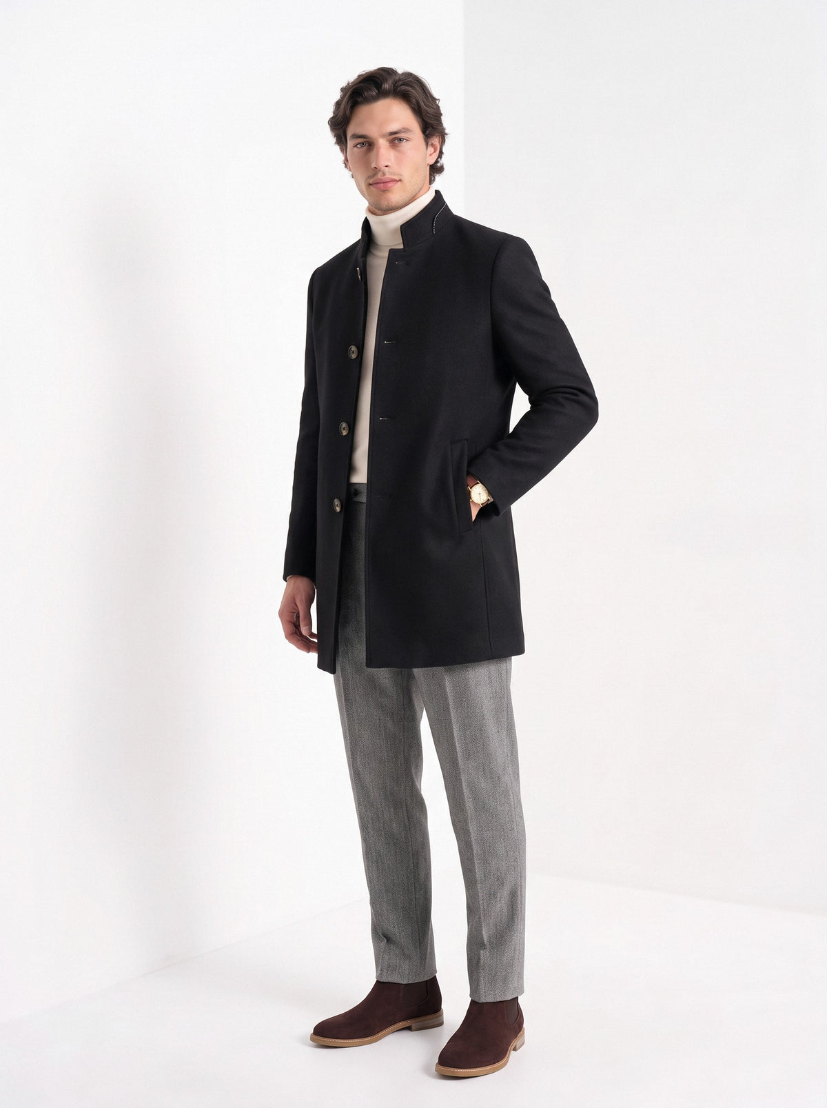 BLENIN men's stand collar wool blend coat in black, full-length look