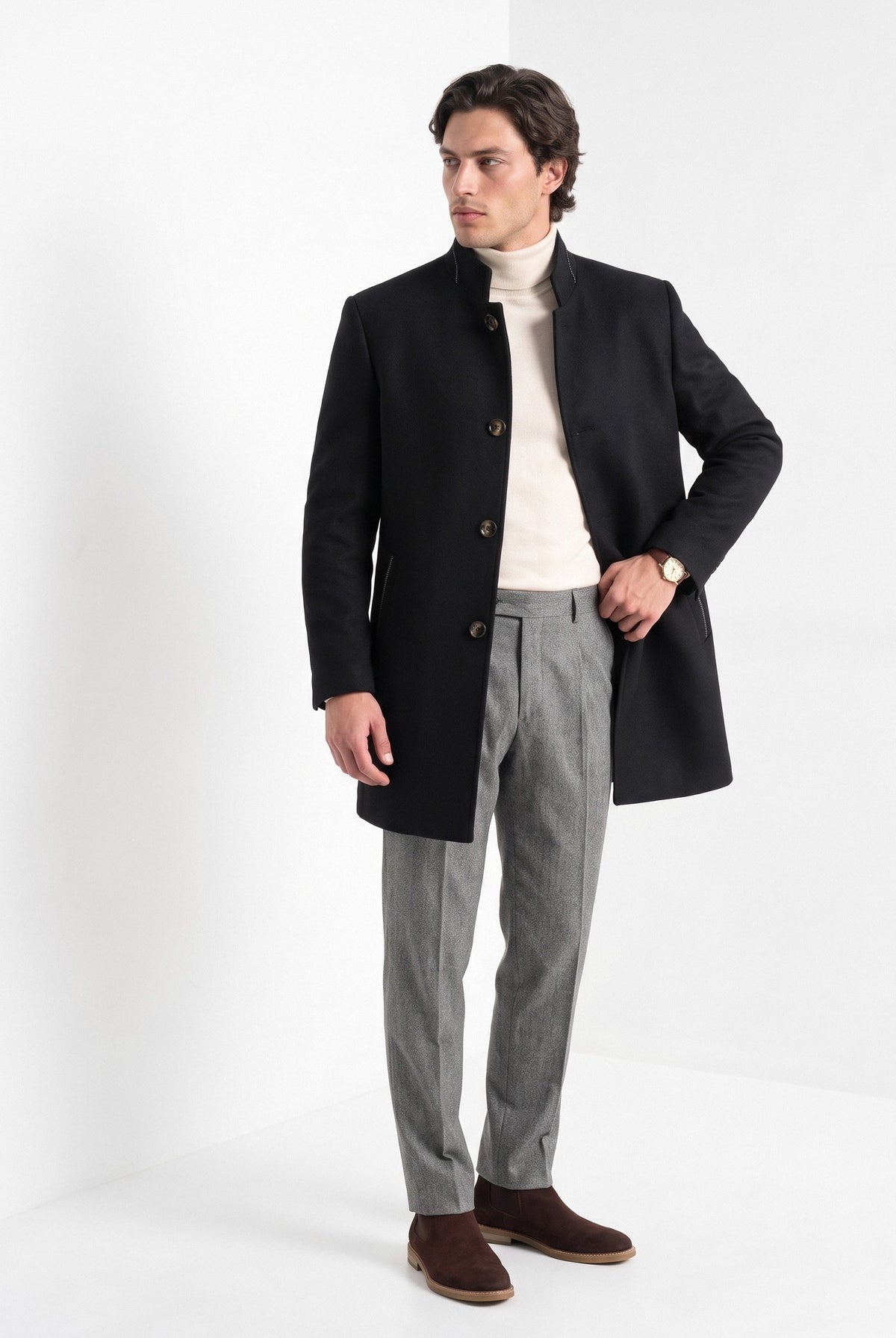 BLENIN men's stand collar wool blend coat in black, three-quarter view