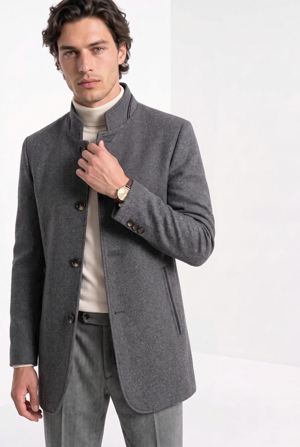 BLENIN men's stand collar wool blend coat in grey, front portrait