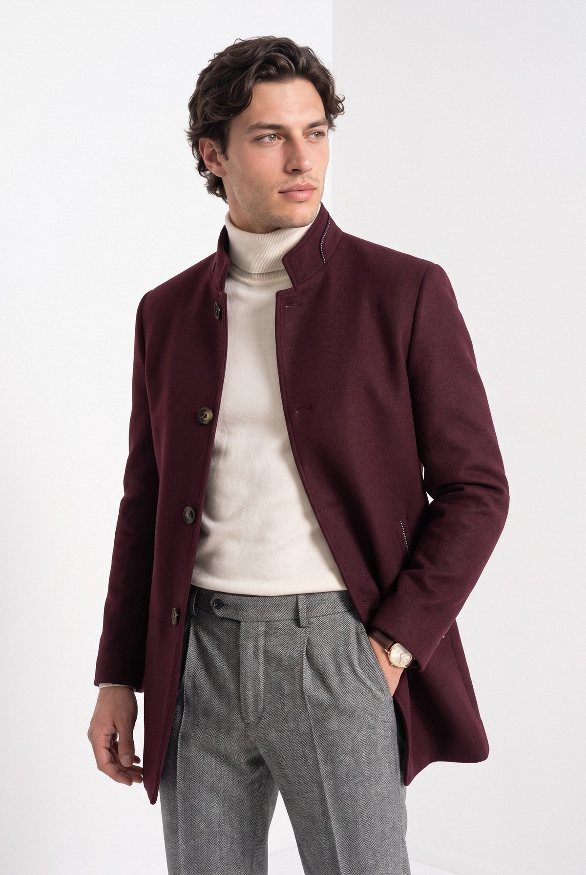 BLENIN men's stand collar wool blend coat in burgundy, front portrait