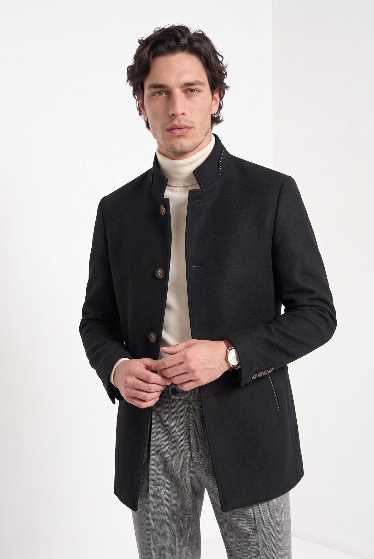 BLENIN men's stand collar wool blend coat in black, front portrait