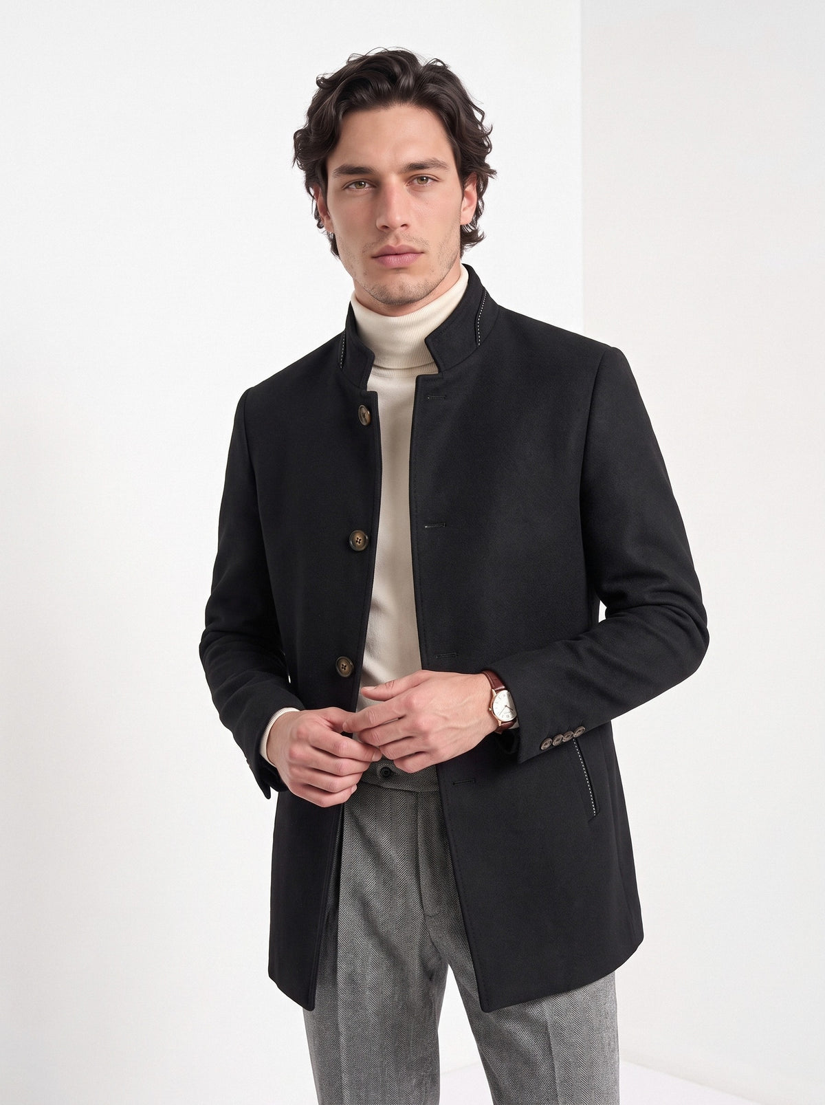 BLENIN men's stand collar wool blend coat in black, front portrait