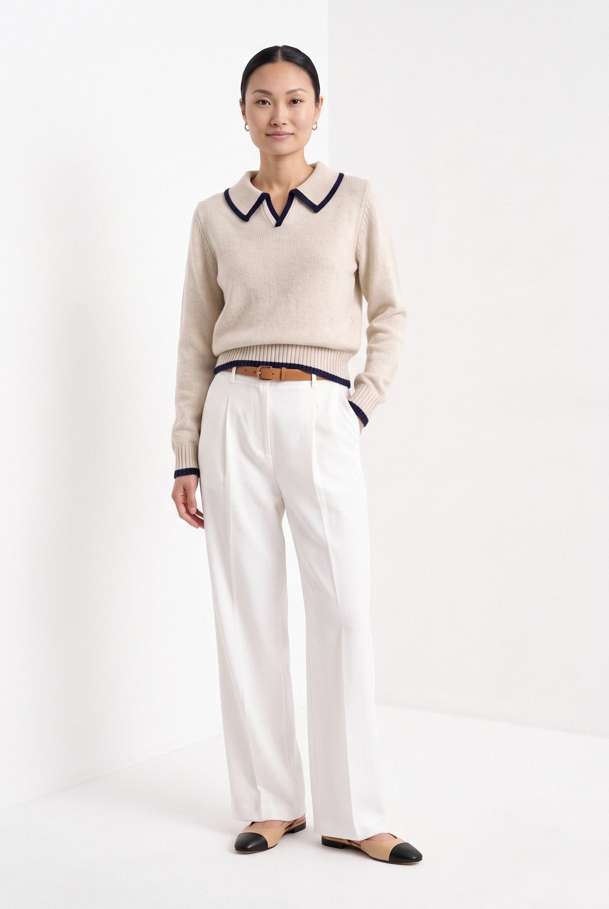 BLENIN piped collar sweater in oatmeal, full-length front view