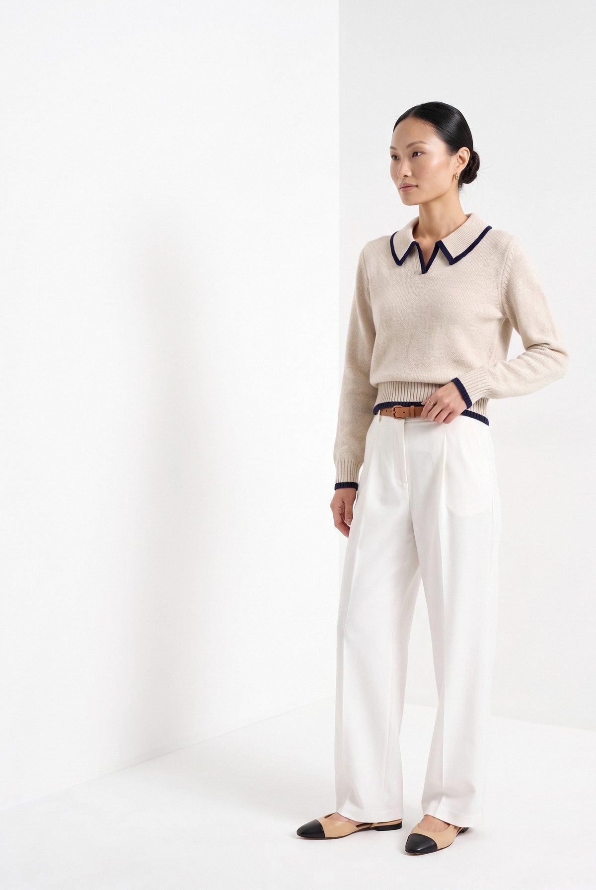 BLENIN piped collar sweater in oatmeal, three-quarter view