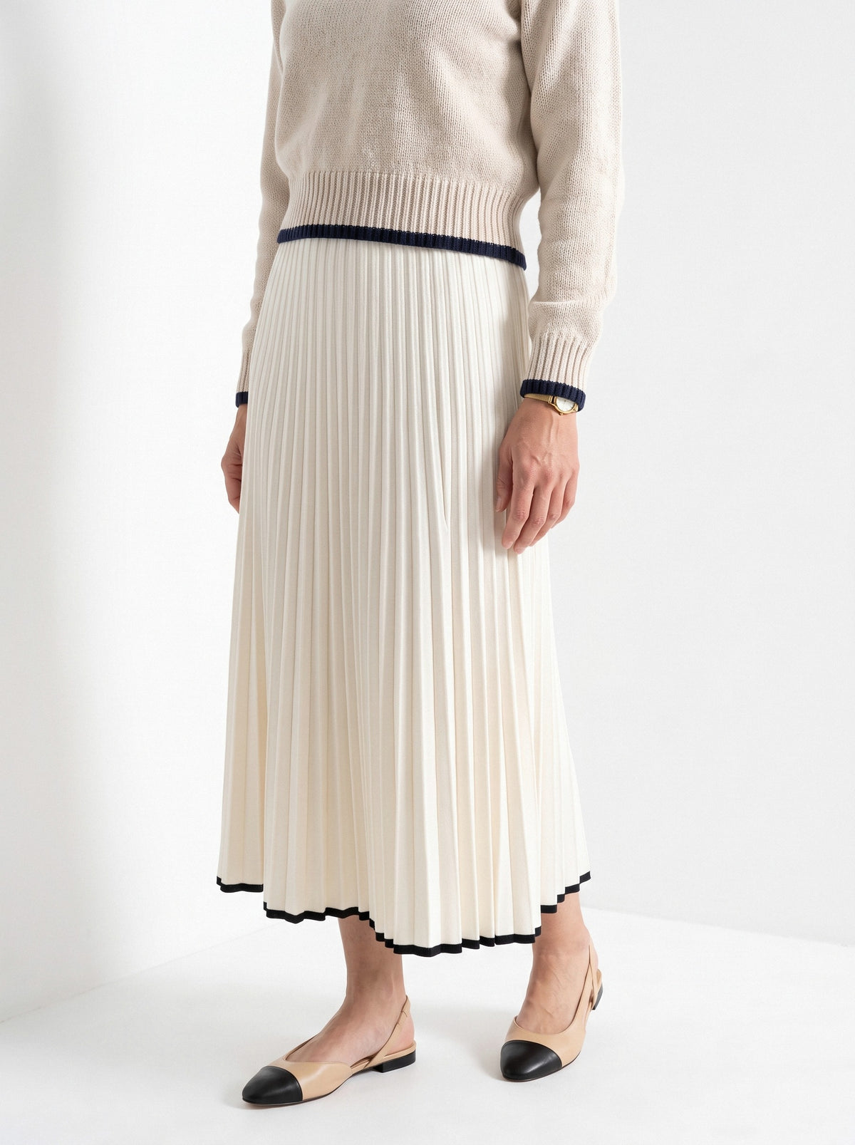 BLENIN piped collar sweater in oatmeal, fit detail at the hem and cuff