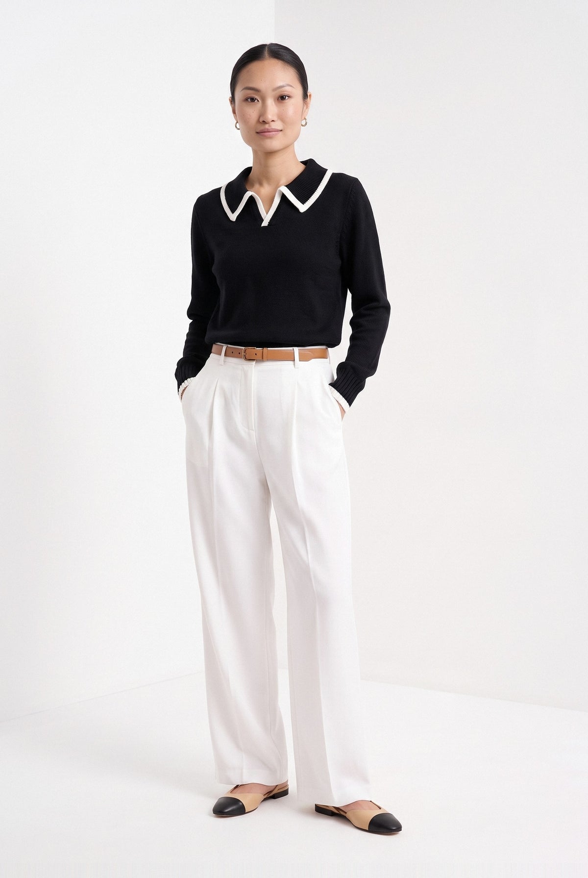 BLENIN piped collar sweater in black, full-length front view
