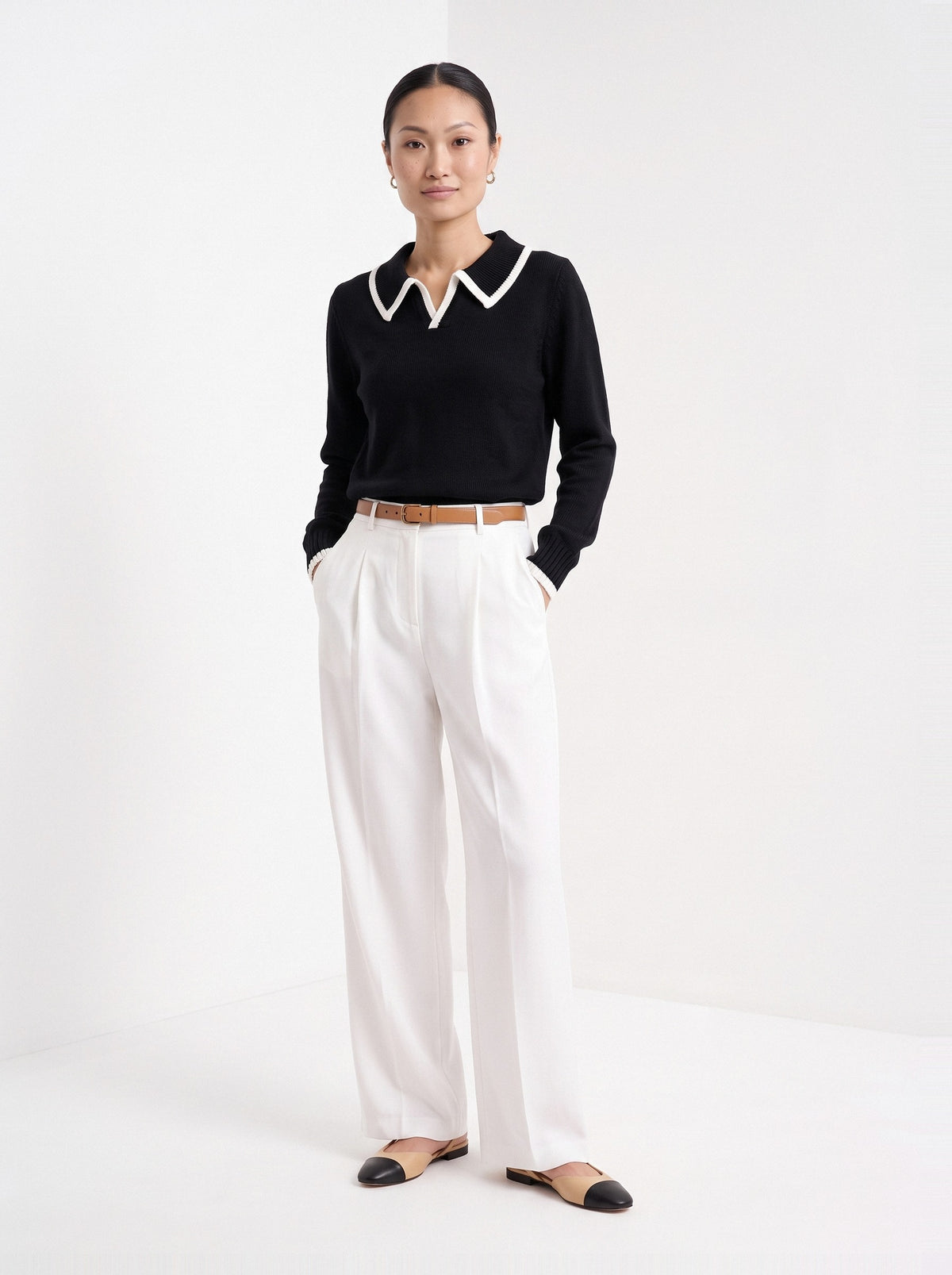 BLENIN piped collar sweater in black, full-length front view