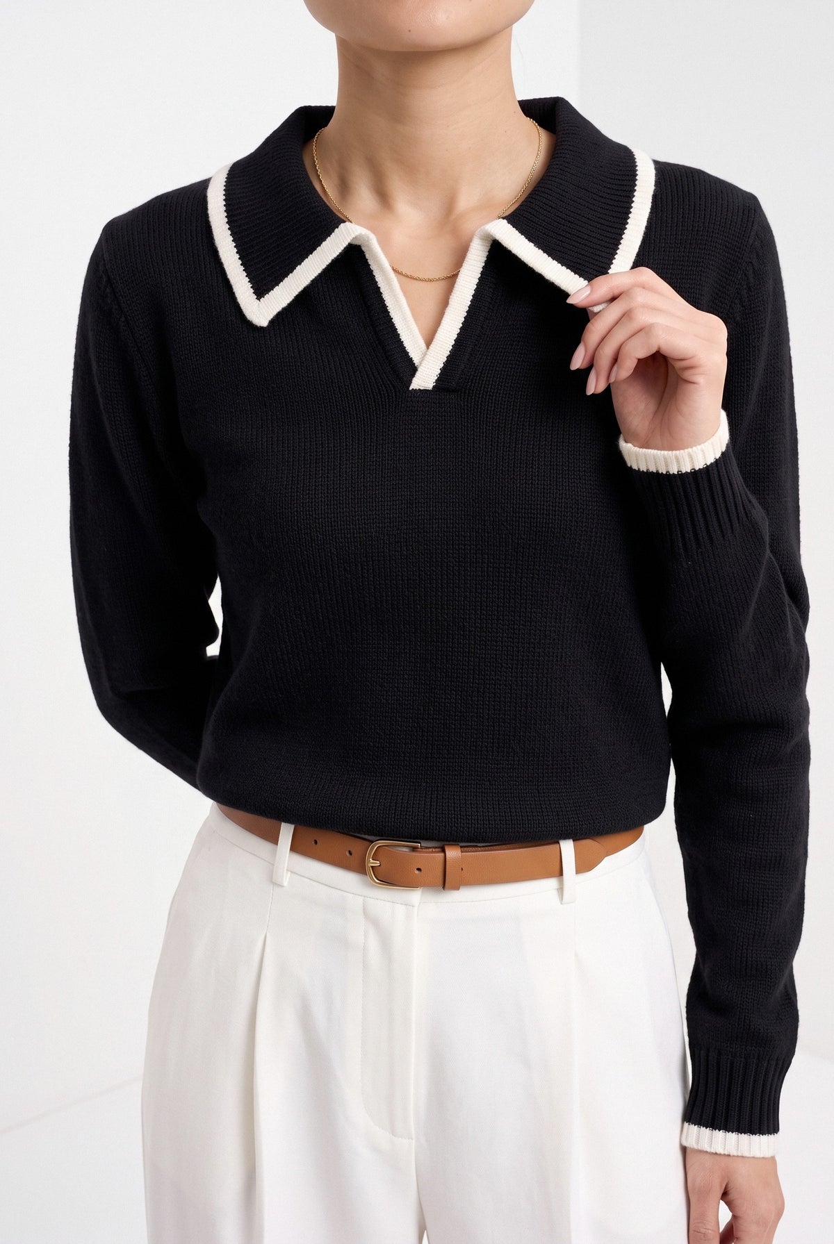 BLENIN piped collar sweater in black, close-up of the details